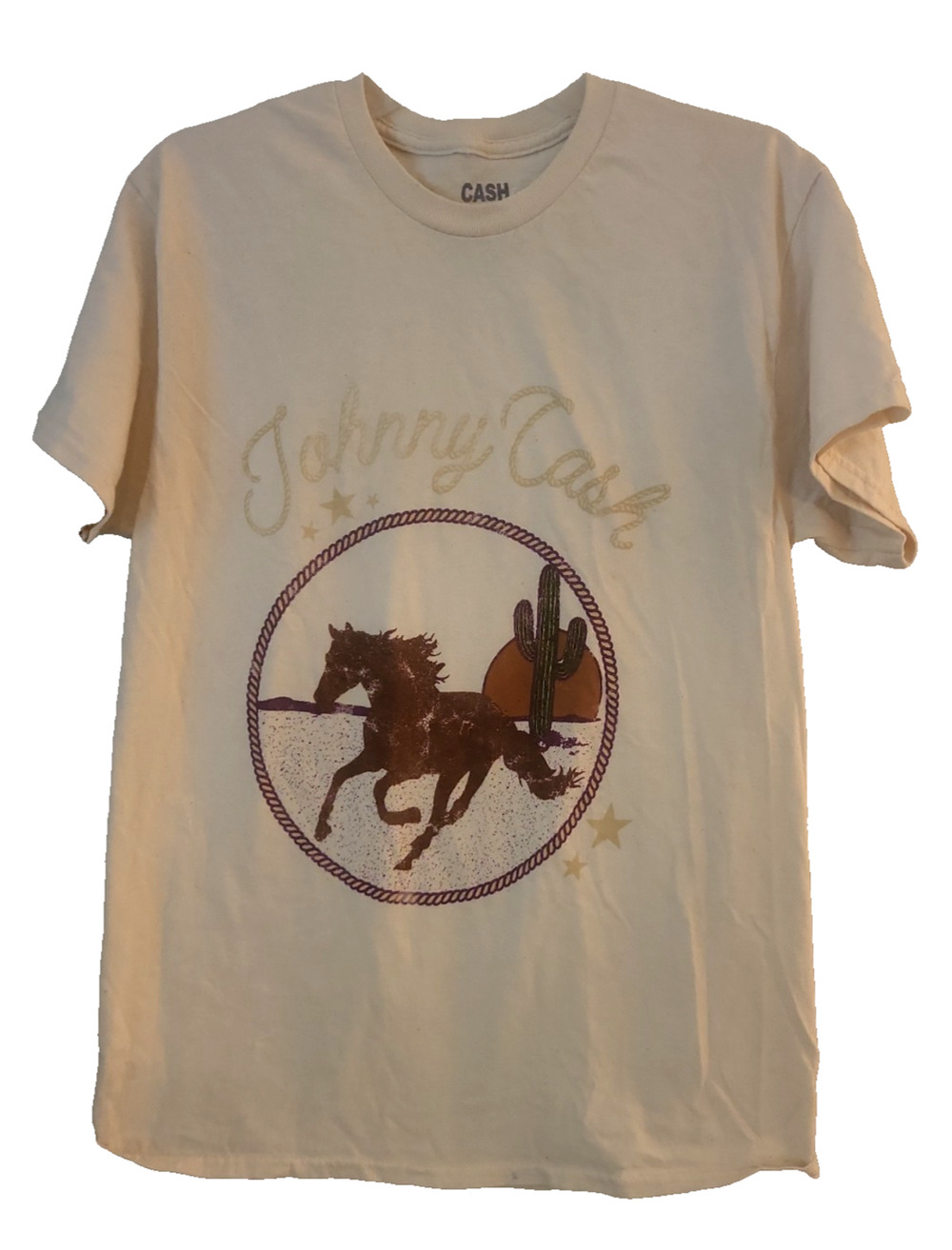 Johnny Cash Men's Beige T-Shirt Horse Cactus Cowboy Western Rodeo Unisex Medium